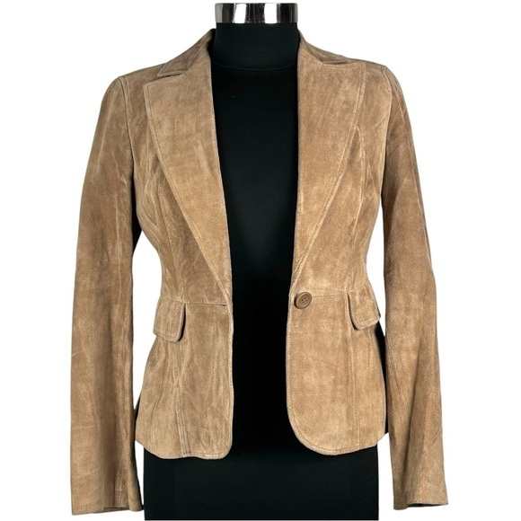 ANN TAYLOR LOFT SUEDE LEATHER TAN RETRO SINGLE BUTTON COLLARED BLAZER JACKET - Picture 4 of 13